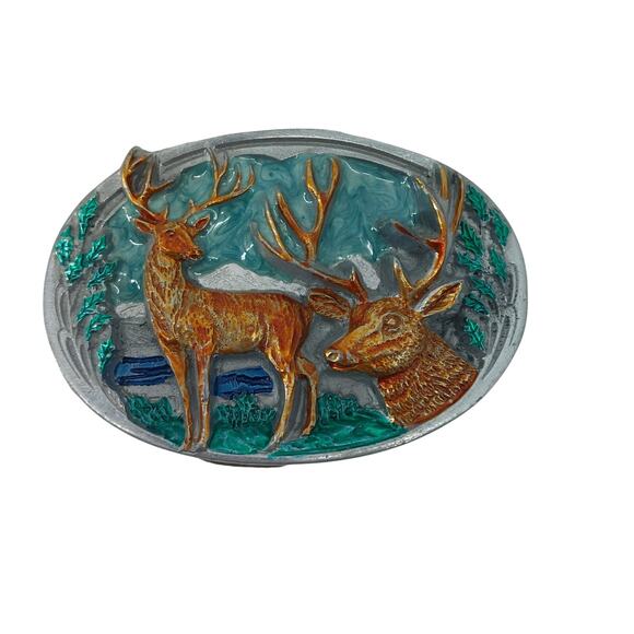 Vtg Hunting Dress Belt Buckle Buck Deer Stag Hunter Mountain - Picture 1 of 12
